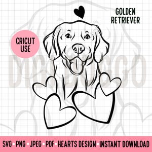 Golden Retriever Outline SVG/ Valentines Dog Clipart/Love Hearts Golden Dog Vector/Dog Line Art Transparent PNG/ Retriever Digital Download