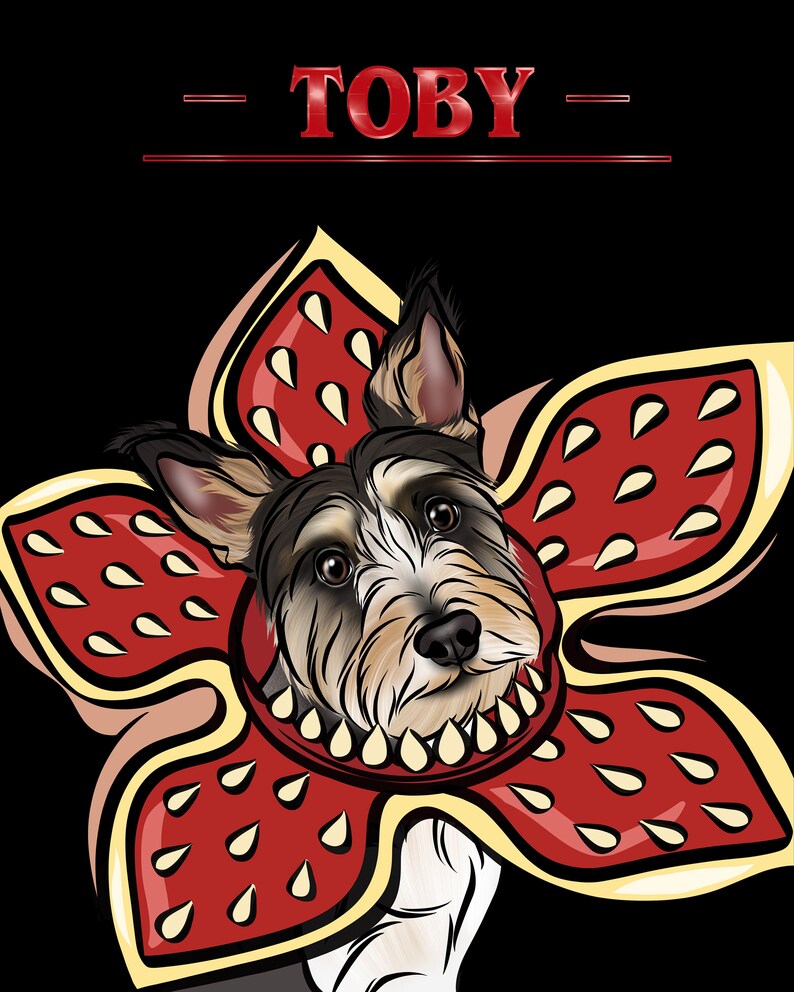 May include: A white and brown dog with a black nose is wearing a red and yellow costume with a flower shape and the text "TOBY" above the dog.