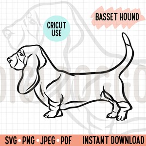 Basset Hound Breed Silhouette SVG/ Outline Dog Drawing Cut File Instant Download/ Basset Hound Standing Sideview Vector/ Pet Clipart PNG