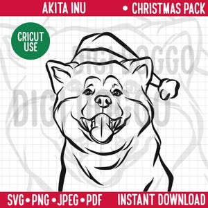 Akita Inu Outline Christmas SVG/Dog Breed Line Portrait Clipart Japanese Akita Inu in Santa Hat/Festive Pet PNG Digital Download Cricut File