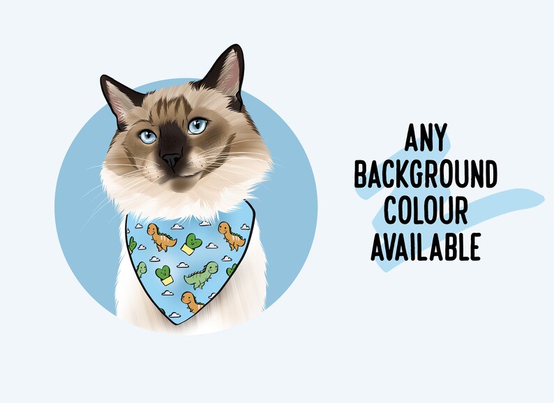 May include: A white and brown cat with blue eyes wearing a light blue bandana with a dinosaur and cactus print. The background is light blue. "ANY BACKGROUND COLOUR AVAILABLE" is written in black text.