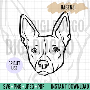 Basenji Outline SVG/ Basenji Face Line Art Vector File/ Dog Breed Digital Download for Cricut Silhouette Project/ Basenji Dog Clipart PNG