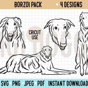 Borzoi perro contorno SVG/gran perro raza línea dibujo SVG paquete/Cricut silueta corte archivo/ ruso Borzoi Clipart PNG/ mascota vector descargar