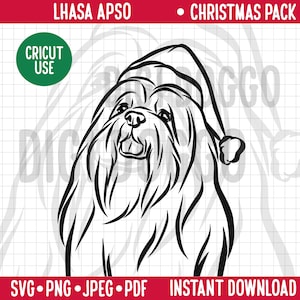 Lhasa Apso Outline Christmas SVG/Dog Breed Line Portrait PNG/Lhasa Apso Illustration Dog in Santa Hat/Festive Holiday Pet Digital Download