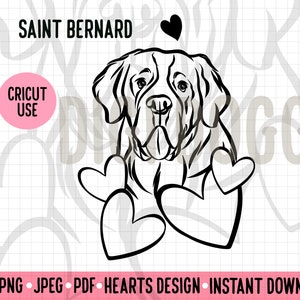 San Bernardo amore contorno SVG San Valentino cane linea ritratto Clipart San Bernardo PNG Download digitale cane cuori Cricut Silhouette File Art