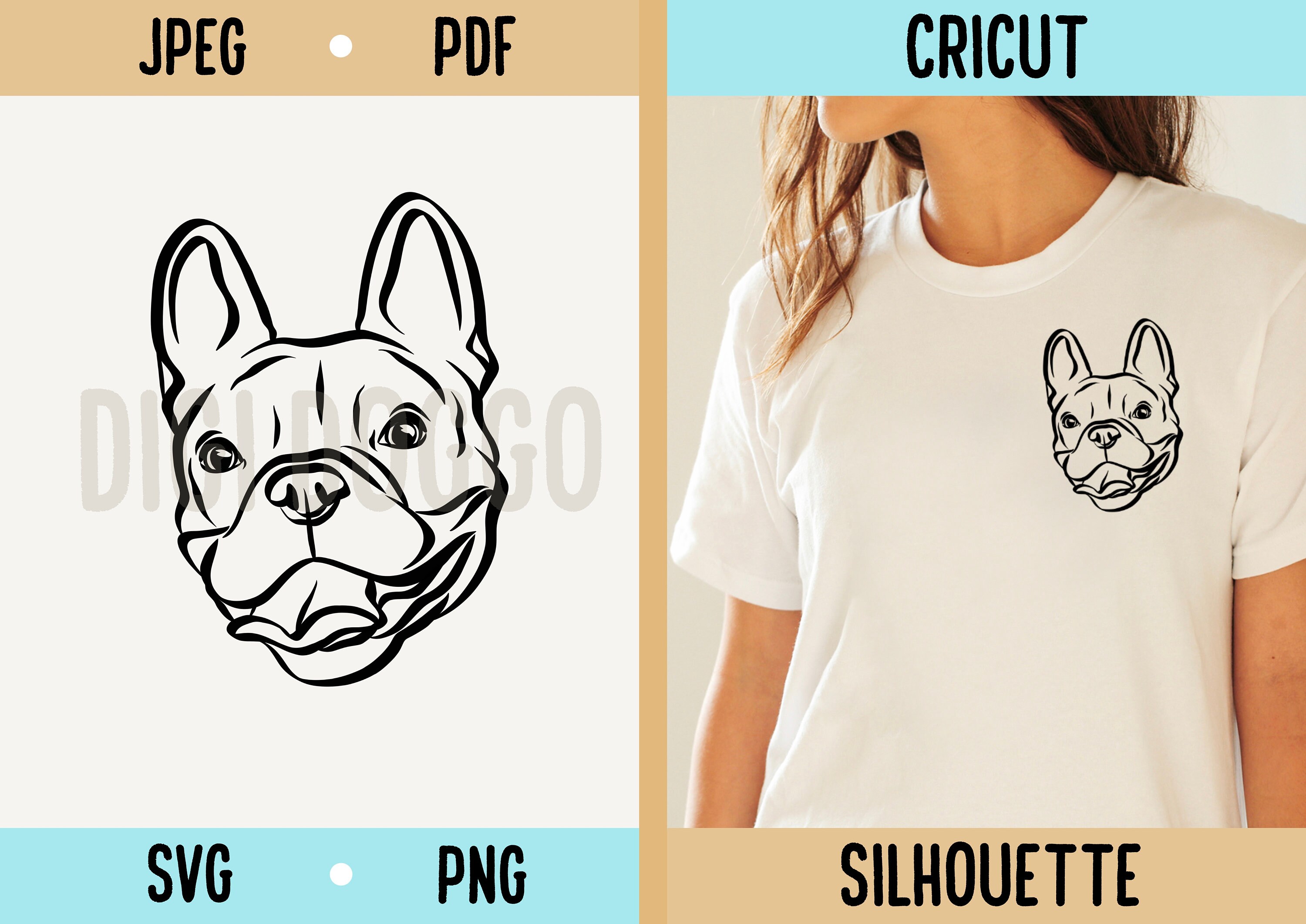 frenchbulldogぺージ French Bulldog SVG & PNG, Frenchie Head Portrait, Digital