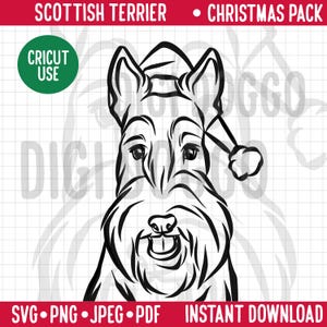 Scottish Terrier Outline Christmas SVG/Dog Breed Line Portrait Clipart/Scottie Dog in Santa Hat Vector/ Festive Holiday Pet Digital Download