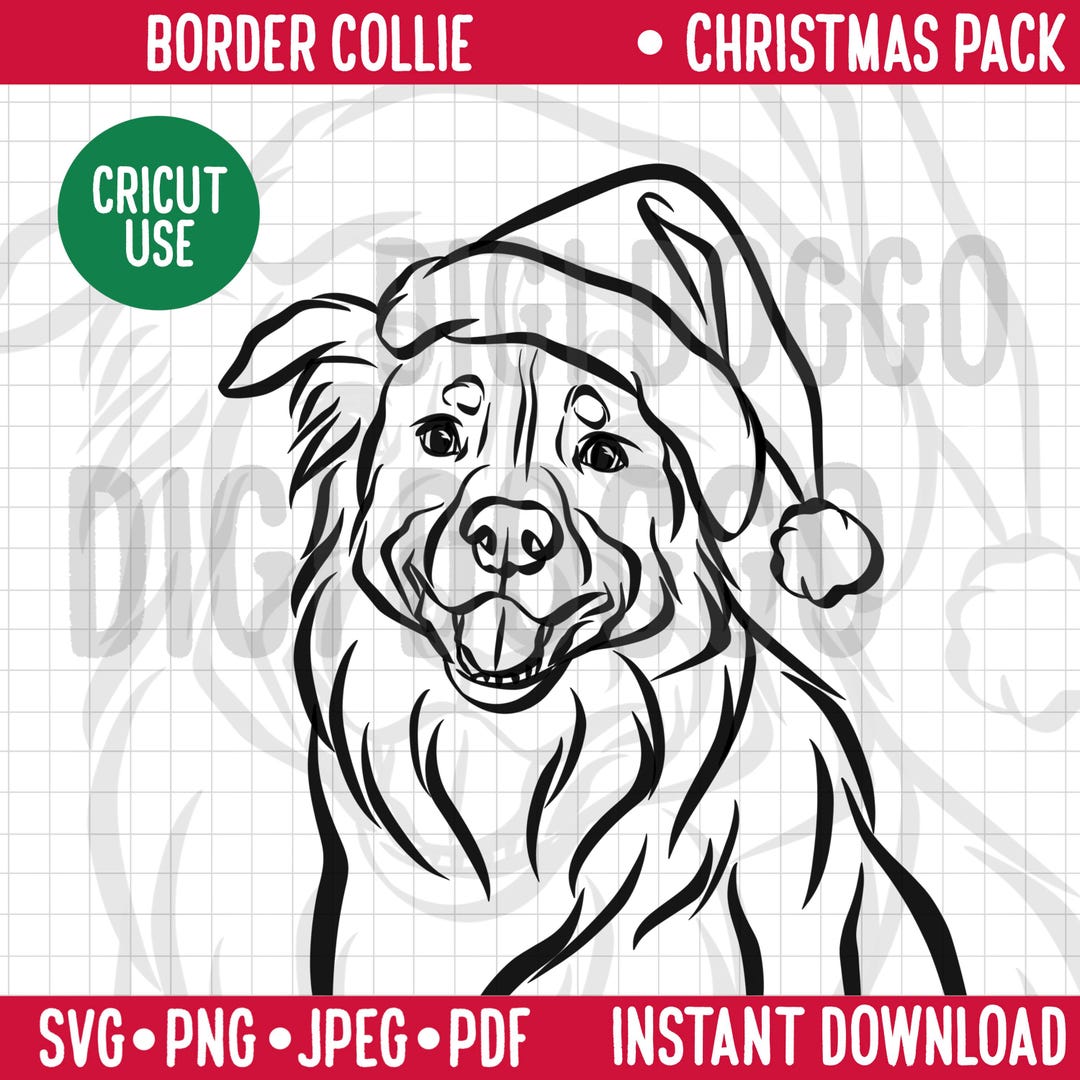 Border Collie Christmas SVG: Dog Line Portrait in Santa Hat (digital ...
