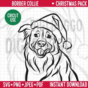 Border Collie Outline Christmas SVG/Dog Breed Line Portrait Clipart/Border Collie Dog in Santa Hat/ Festive Holiday Pet Digital Download