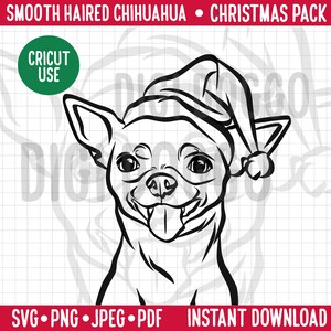 Chihuahua con contorno navideño SVG/Retrato de línea de raza de perro Clipart/Cara de chihuahua con gorro de Papá Noel Vector/Ilustración de cachorro de temporada Clipart