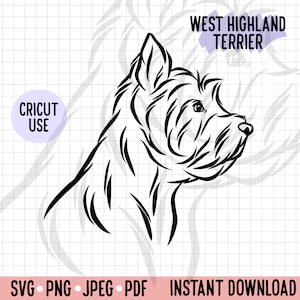 West Highland Terrier Side View PNG/ Westie Face Portrait SVG/ Outline Dog Drawing/ Westie Owner Handmade Gift Idea/ Cricut Silhouette Dog