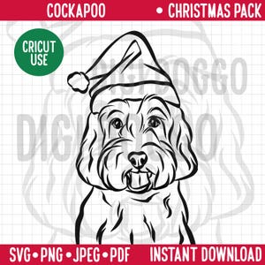 Cockapoo Dog Outline Christmas SVG/ Dog Breed Line Portrait Clipart/ Cockapoo Portrait in Santa Hat/ Festive Pet PNG Digital Download File