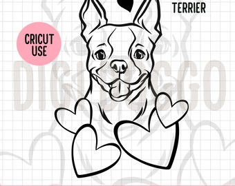 Boston Terrier Love Hearts Outline: SVG PNG Vector (Digital Download)