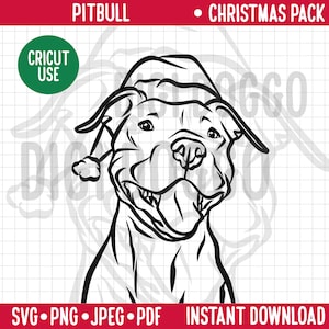 Pitbull Christmas Dog SVG/Bully Dog Breed Line Portrait Drawing/Pittie in Santa Hat Vector/Festive Holidays PNG Digital File for Pitbull Mum