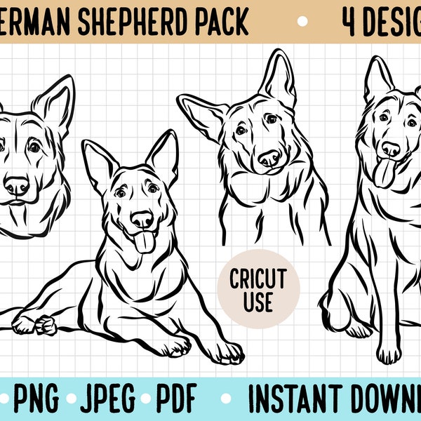 German Shepherd Outline SVG/ Cute Dog Line Art Vector Graphic/ Cricut Silhouette Digital Cut Out File/ German Shepherd Clipart Illustration