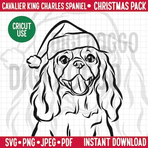 Cavalier King Charles Spaniel Outline Christmas SVG/ Dog Breed Line Portrait Clipart/ Cavalier in Santa Hat Vector/Festive Pet PNG Download