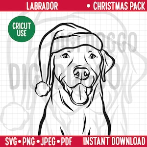 Labrador Contorno Navidad SVG/Retrato de línea de raza de perro Clipart Perro labrador con gorro de Papá Noel/Mascota festiva PNG Archivo de descarga digital para Labrador