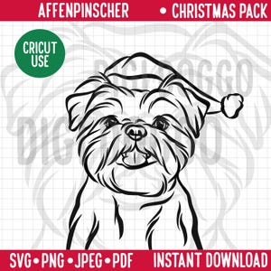 Esquema de perro Affenpinscher para Navidad SVG/Retrato de línea de raza de perro Clipart/Retrato de Affenpinscher con gorro de Papá Noel/Mascota PNG Descarga digital