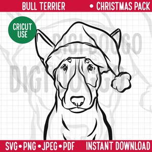 Christmas Dog SVG/ Bull Terrier Breed Line Portrait Clipart/ Bull Terrier in Santa Hat Vector/Festivity Holidays Pet PNG Digital Download
