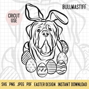 Bullmastiff Easter SVG/Dog Breed Digital Download Vector File/Bullmastiff Dog Easter Bunny Clipart Cricut File/Doggie Egg Hunt Outline Art
