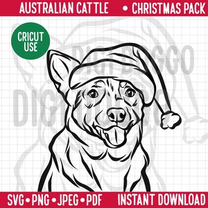 May include: A black and white line drawing of an Australian Cattle Dog wearing a Santa hat. The dog is looking directly at the viewer with its tongue sticking out. The image is on a white background with a grid pattern.