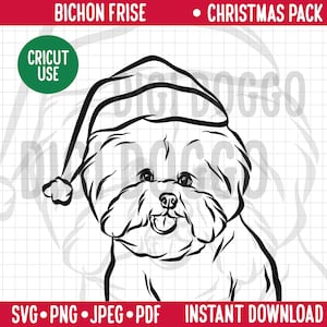 Christmas Dog SVG/ Bichon Frise Breed Line Portrait Clipart/ Bichon Frise in Santa Hat Vector/Festivity Holidays Pet PNG Digital Download