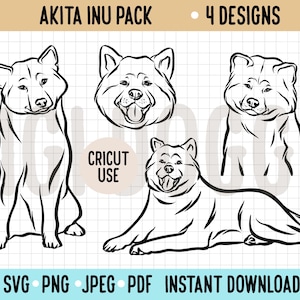 Esquema de perro Akita Inu SVG/Paquete de dibujo lineal de raza de perro grande SVG/Archivo de corte de silueta Cricut/Clipart PNG de Akita Inu japonés/Gráfico vectorial de perro