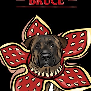 May include: A brown and black dog wearing a red and yellow flower-shaped costume with the text "BRUCE" above it.