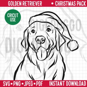 Esquema de Golden Retriever Navidad SVG/Retrato de línea de raza de perro Clipart Perro retriever con gorro de Papá Noel/Mascota festiva PNG Archivo de descarga digital