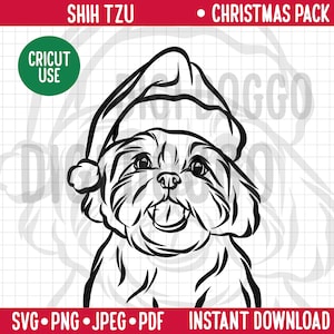 Christmas Dog SVG/ Shih Tzu Breed Line Portrait Clipart/ Shih Tzu in Santa Hat Vector/Festivity Holidays Pet PNG Digital Download for Cricut