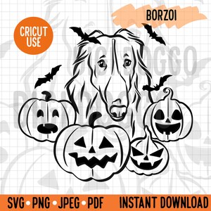 May include: Black and white Halloween-themed graphic featuring a Borzoi dog, bats, and jack-o'-lanterns. The design includes the text "BORZOI" and "CRICUT USE". The bottom of the image displays file type options and "INSTANT DOWNLOAD".