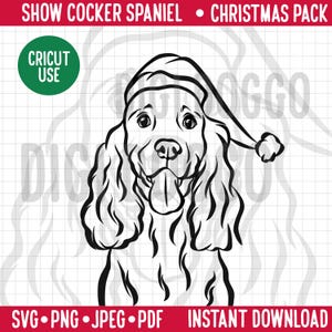 Perro de Navidad SVG/Mostrar raza Cocker Spaniel Retrato de línea Clipart/Mostrar perro Cocker con sombrero de Papá Noel Vector/Mascota festiva PNG Archivo digital