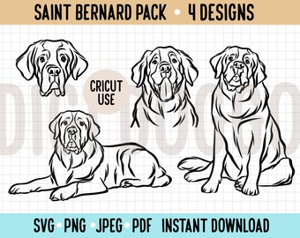 Saint-Bernard contour SVG/grand chien de race dessin au trait fichier vectoriel/Saint-Bernard dessin au trait Clipart Cricut Silhouette découpe téléchargement PNG