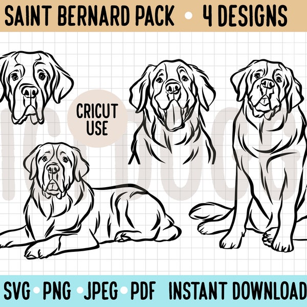 Saint Bernard Outline SVG/ Large Dog Breed Line Drawing Vector File/ Saint Bernard Line Art Clipart Cricut Silhouette Cut Out PNG Download