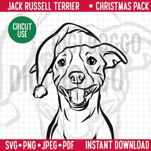 Christmas Dog SVG/Jack Russell Terrier Breed Line Portrait Clipart/Jack Russell in Santa Hat Vector/Festive Holidays Pet PNG Digital File