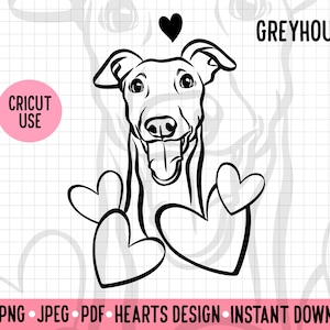 Greyhound Outline SVG Valentines Dog Line Portrait Clipart Greyhound PNG Digital Download File Dog Hearts Cricut Silhouette Cut Out File