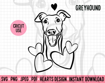 May include: Black and white Greyhound dog illustration with hearts. The word "GREYHOUND" is above the dog. A pink circle with the words "CRICUT USE" is on the left. The bottom of the image has the words "SVG PNG JPEG PDF HEARTS DESIGN INSTANT DOWNLOAD".