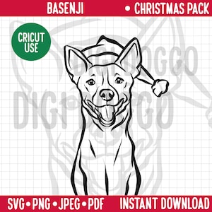 Christmas Dog SVG/Basenji Breed Line Portrait Clipart/Cute Basenji in Santa Hat Vector/Festive Pet PNG Digital File for Basenji Dog Owner
