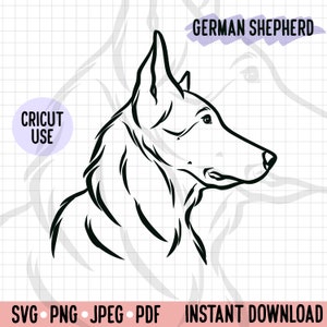 Pastor Alemán Vista lateral Esquema SVG/ Minimalista Dog Line Art/ GSD Head PNG Descarga digital/ Perfil de perro Cara Cricut Silhouette File Art