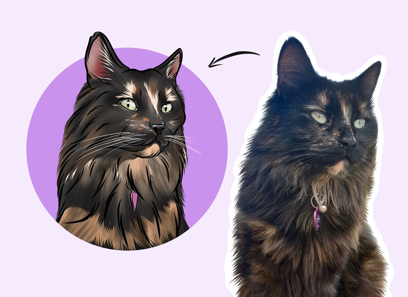 May include: A digital illustration of a black, brown, and white cat with green eyes. The cat is wearing a purple collar with a charm. The illustration is set against a purple background.
