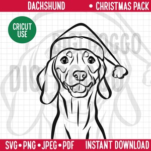 Perro de Navidad SVG/Retrato de línea de raza de perro salchicha Clipart/Dachshund con sombrero de Papá Noel Vector/Mascota festiva PNG Archivo de descarga digital Regalo