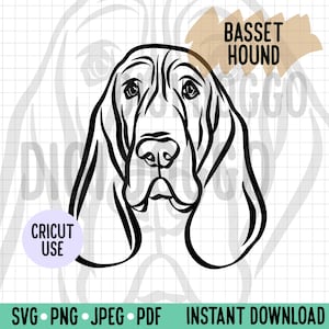 Basset Hound Outline SVG/ Basset Hound Face Line Art Vector File/ Dog Breed Digital Download for Cricut Silhouette Project/ Dog Clipart PNG