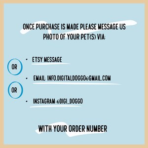 May include: A blue and white graphic with the text "ONCE PURCHASE IS MADE PLEASE MESSAGE US PHOTO OF YOUR PET(S) VIA:" followed by three options: "ETSY MESSAGE", "EMAIL: INFO.DIGITALDOGGO@GMAIL.COM", and "INSTAGRAM: @DIGI_DOGGO". The text "OR" is written in a circle above the second and third options. The text "WITH YOUR ORDER NUMBER" is written below the options.