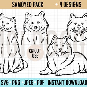 Dibujo lineal de perro samoyedo SVG/Lindo dibujo de línea de perro Archivo de arte vectorial/Silueta de perro Cricut Archivo de corte de perro Raza samoyedo Descarga instantánea digital