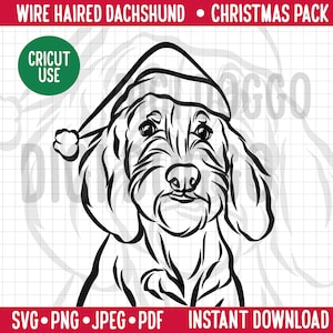 Wire Haired Dachshund Dog Outline Christmas SVG/ Dog Breed Line Portrait Clipart/ Sausage Dog Portrait in Santa Hat/Pet PNG Digital Download