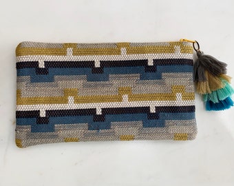 Fabric clutch with tassel, handmade unique female gift, zip clutch bag, made in Australia