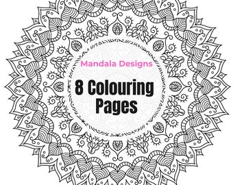 Mandala-konstmålarbilder, utskrivbara målarbilder, målarbilder för vuxna, hemundervisning, stressavlastningsaktivitet, direktnedladdning i PDF-format, A4, 8 sidor