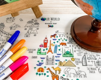 Reusable Colouring Mat A3 Size – Our World Map by Doodle Dat (an Erda Ally brand)