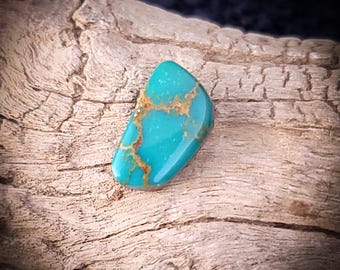 May include: A polished turquoise gemstone with brown matrix veining. The stone is a vibrant teal color and has a smooth, rounded shape. The gemstone is displayed on a piece of weathered wood, highlighting its natural beauty.