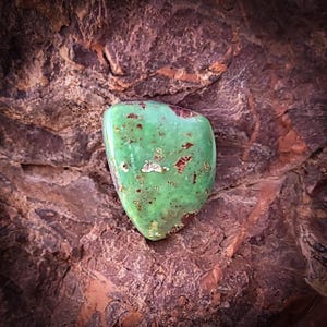 May include: A polished, rounded gemstone with a vibrant green hue, speckled with brown and white inclusions. The stone is set against a textured, reddish-brown rock surface, creating a striking contrast in color and texture.